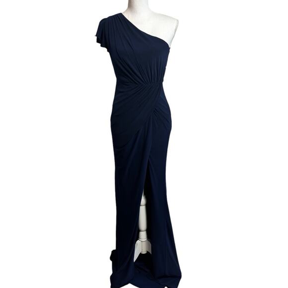 MAC DUGGAL DRAPED ONE-SHOULDER JERSEY GOWN IN COLOR MIDNIGHT SIZE 0 NEW - Picture 2 of 11